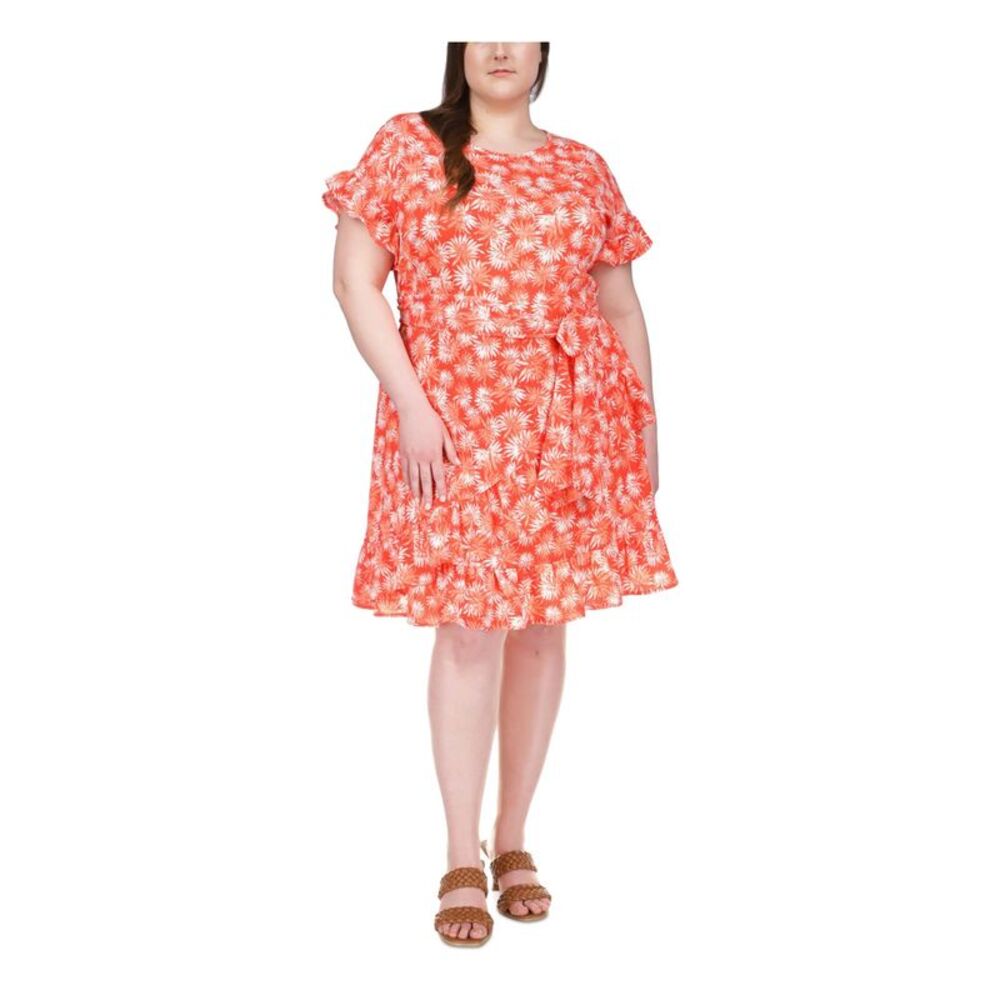 MICHAEL MICHAEL KORS Womens Coral Tie Belt Cap Sleeve Faux Wrap Dress Plus 2X